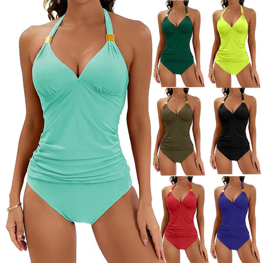 2pcs Solid Color Halter Neck Bikini Beach Fashion Sexy V Neck Swimsuit Summer Womens Clothing